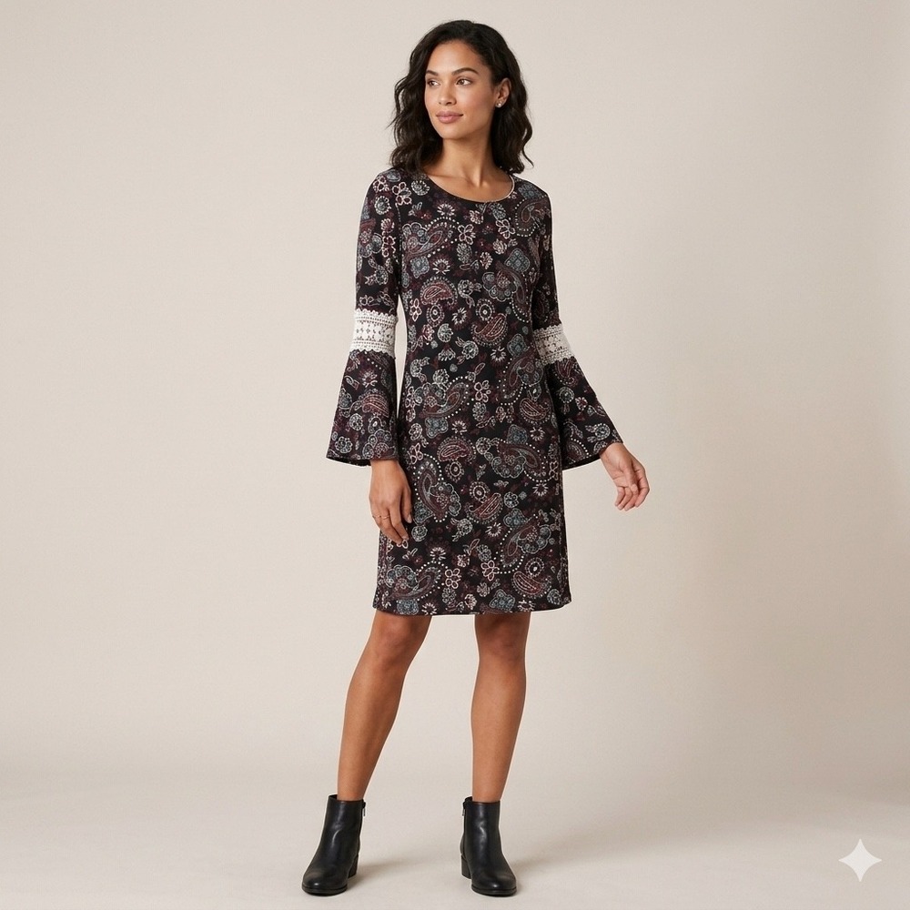 Glamour Womens Size 8 Paisley Print Dress Bell Sleeve Crochet Lace Detail Boho